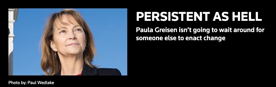 Photo of Paula Greisen with header "Persistent as Hell"